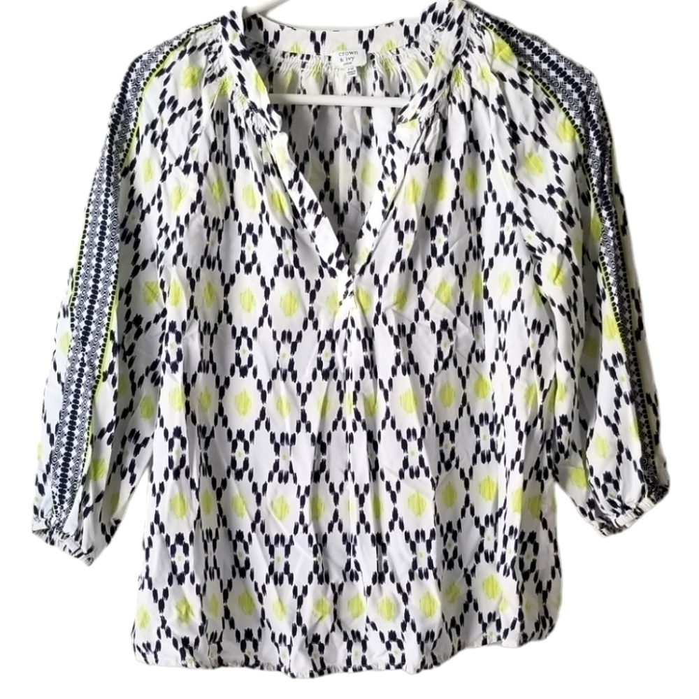 Crown & Ivy V Neck Blouse Neon Green/White/Navy Size PM